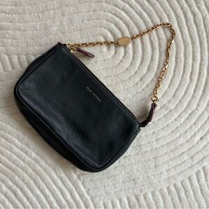 Stuart Wieztman  Leather Wristlet with Gold Chain navy